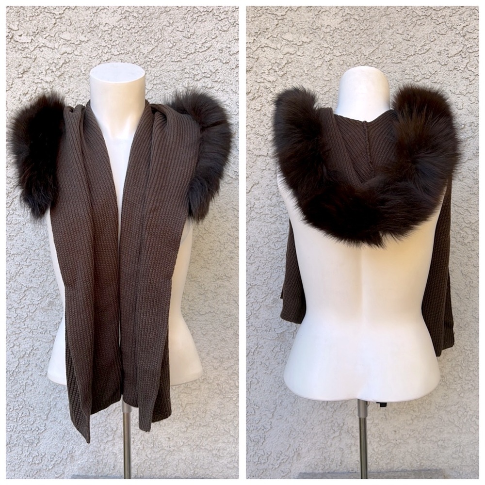 Vintage Chocolate Brown Knit Scarf with Attached Real Fur Hood - Winter Cozy